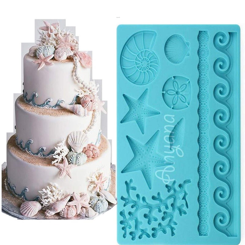 Anyana Sea Shell starfish conch coral Silicone Fondant Mold for Cake Decoration Chocolate Candy Mold Soap Mold Baking Tool Jello Mold edible Non stick easy to use - Image 1